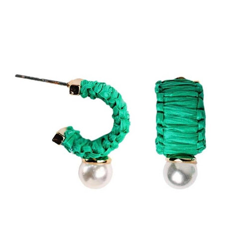 Mini Raffia & Pearl Hoops - Green