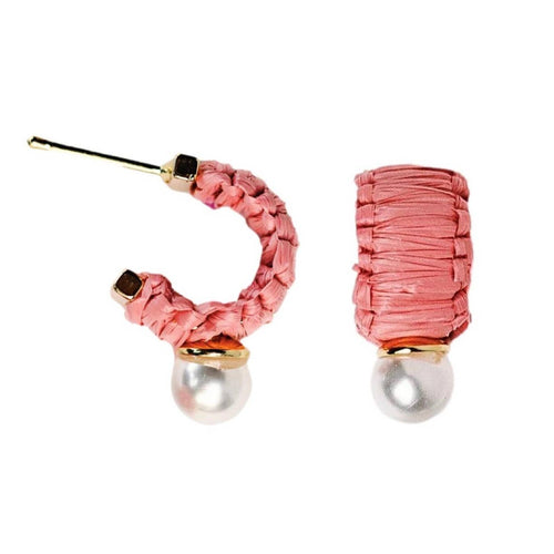 Mini Raffia & Pearl Hoops - Pink