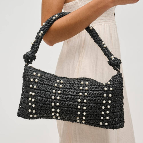 Straw Shoulder Bag - Studded Black