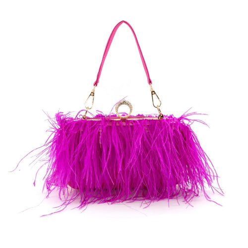 Feathered Satin Clutch - Fuchsia